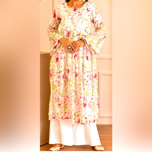 Chikankari embroidered mulmul A line frok - Picture 1 of 7